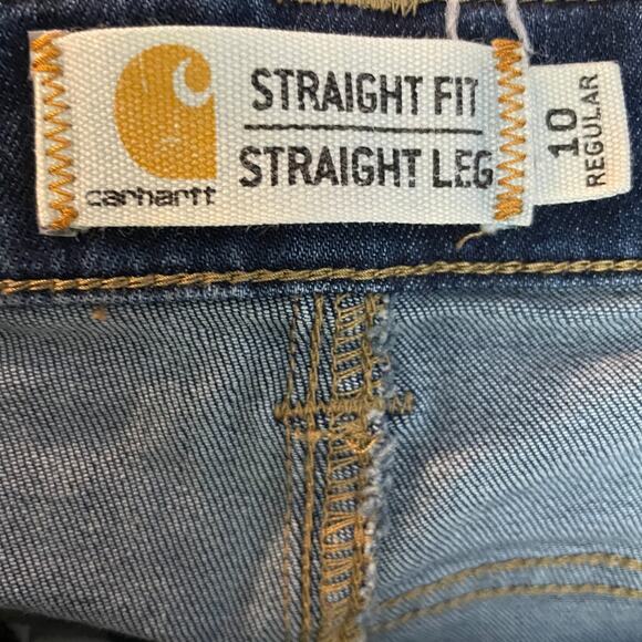 Women's 10 Carhartt Straight Leg Double Knee Dark Wash Cotton Blend Jeans - Picture 5 of 6